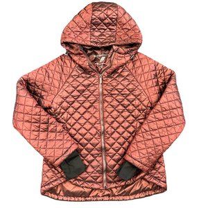 BCBG MAXAZRIA Quilted Puffer Hoodie Jacket Size Medium Feather Free EUC Burgundy